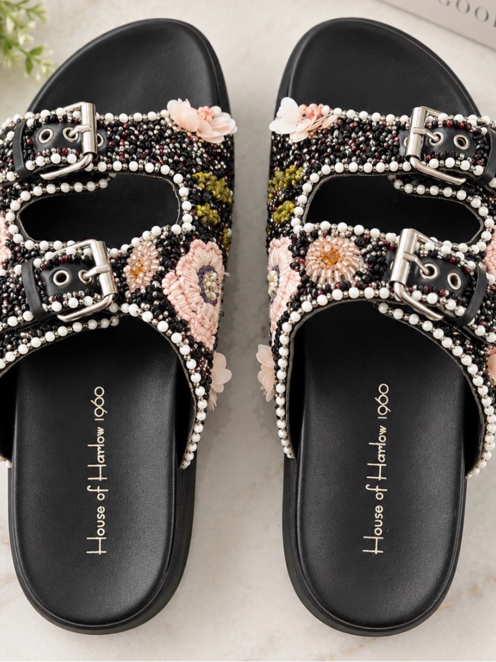 House of Harlow 1960 Black Beaded Floral Double-Buckle Slide Sandals